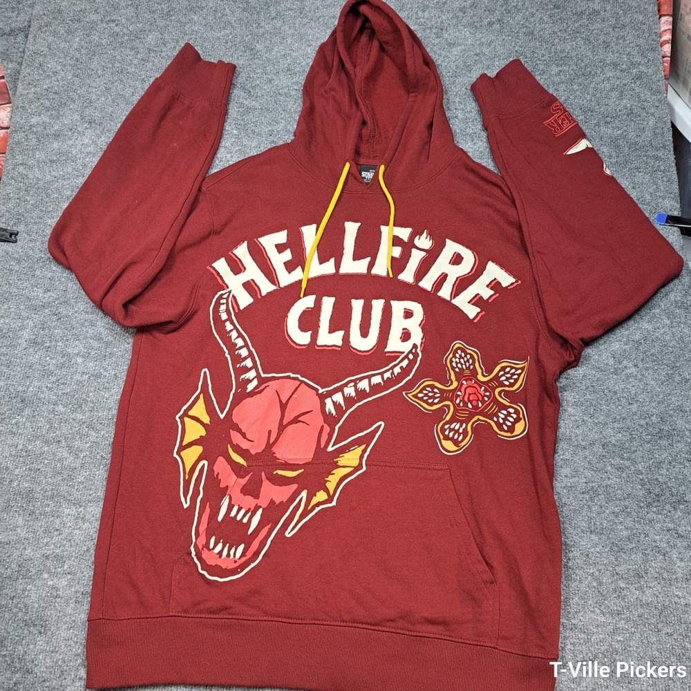 Stranger Things Hellfire Club Hoodie Mens Large Burgundy Maroon Netflix Graphic
